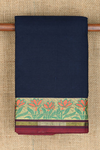 Thread Work Floral Border In Plain Navy Blue Chettinad Cotton Saree
