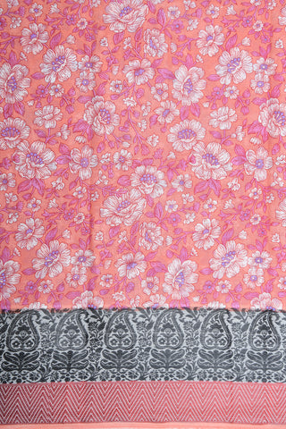 Thread Work Paisley Border With Floral Printed Peach Orange Ahmedabad Cotton Saree