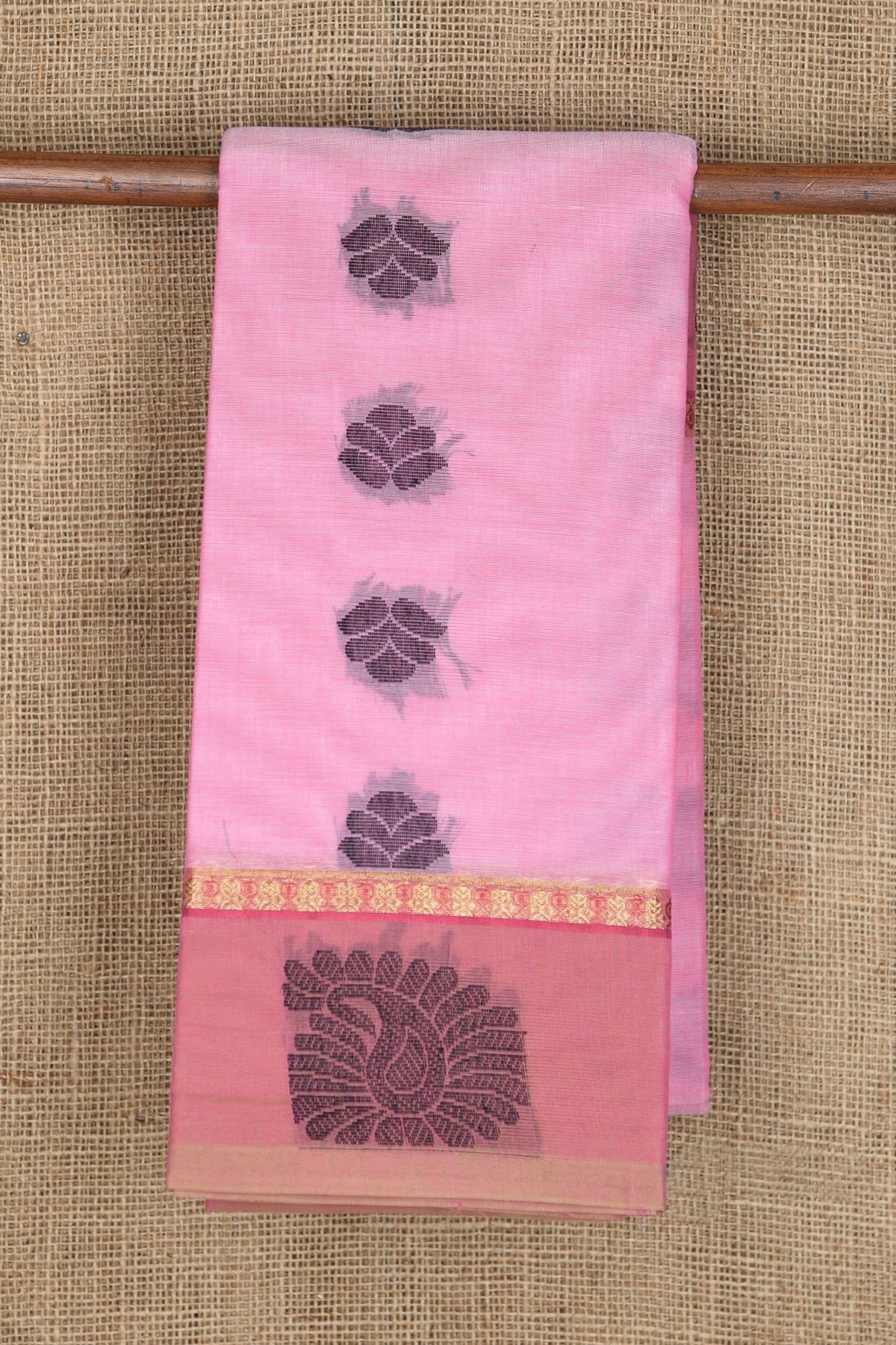 Thread Work Paisley Border With Jamdhani Buttas Coral Pink Kanchi Cotton Saree