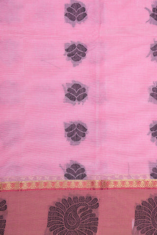 Thread Work Paisley Border With Jamdhani Buttas Coral Pink Kanchi Cotton Saree