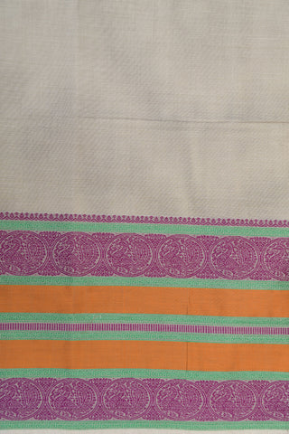 Thread Work Peacock Border In Plain Pastel Grey Coimbatore Cotton Saree