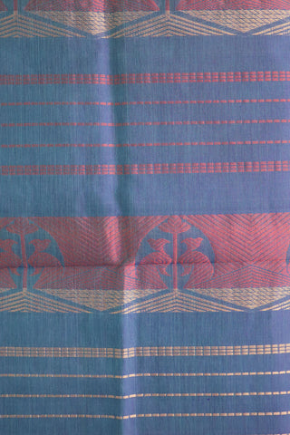 Thread Work Peacock Border With Traditional Buttas Blue Poly Cotton Saree