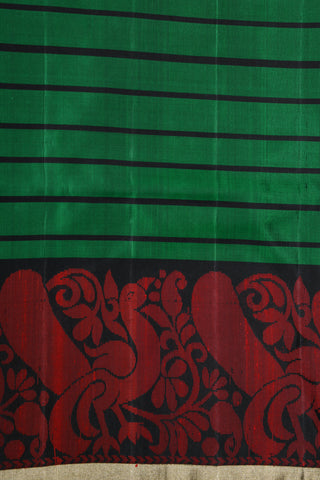 Thread Work Peacock Border In Stripes Leaf Green Soft Silk Saree
