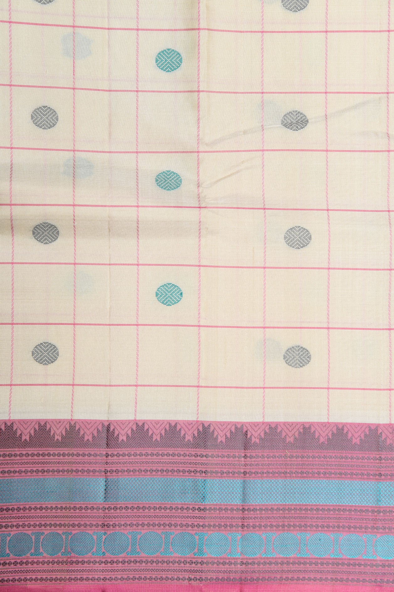 Thread Work Rudraksh Border With Checks And Rudraksh Butta Ivory Kanchipuram Silk Saree