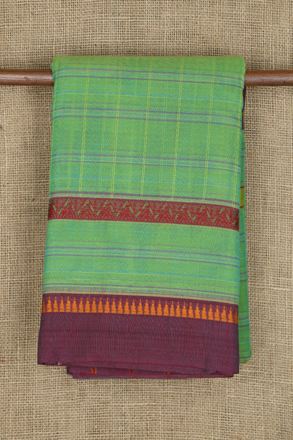 Thread Work Temple Border With Checks Light Green Semi Gadwal Cotton Saree
