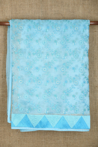 Thread Work Temple Border With Embroidered Floral Design Sky Blue Organza Silk Saree