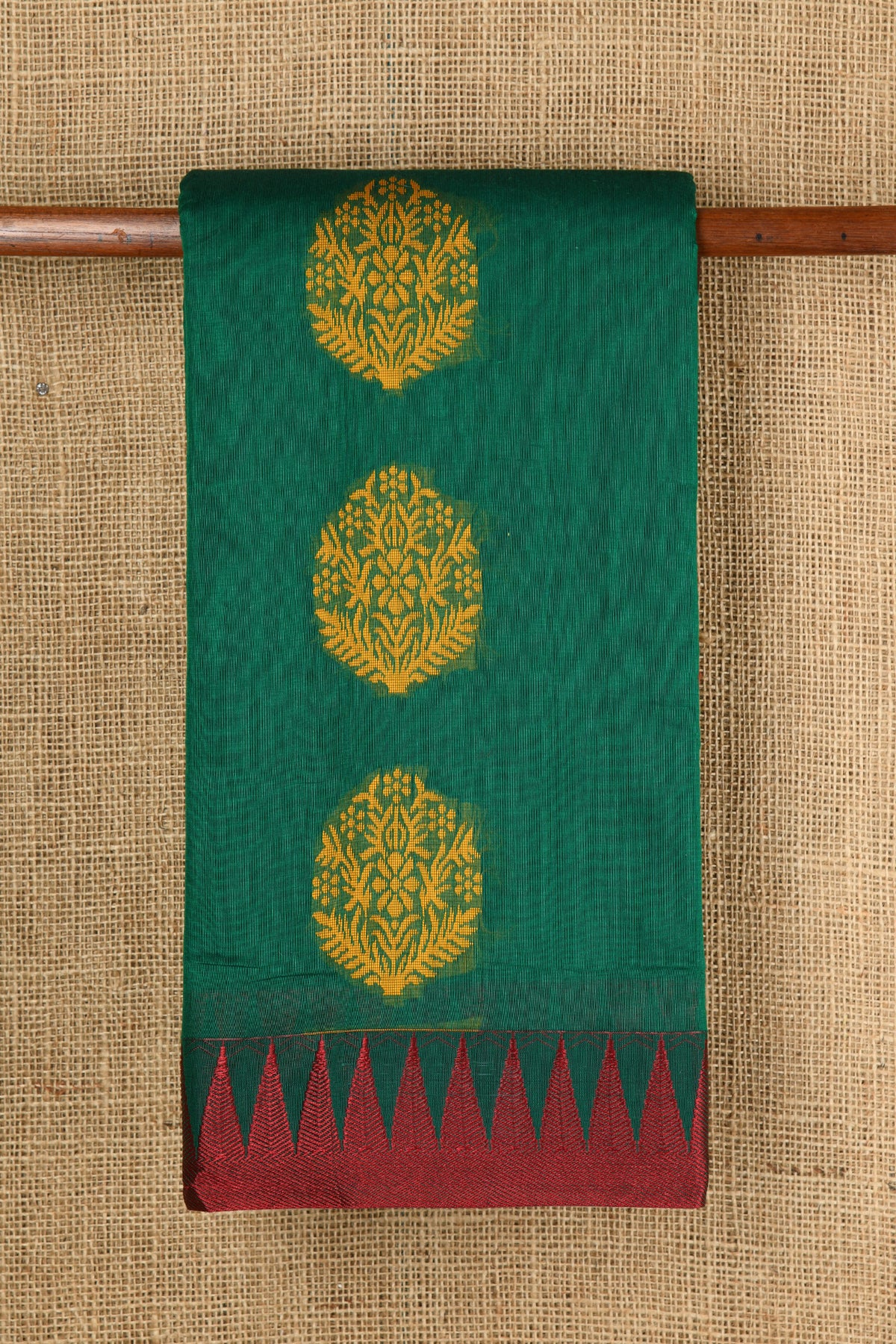 Thread Work Temple Border With Tree Motif Forest Green Semi Kora Silk Cotton Saree