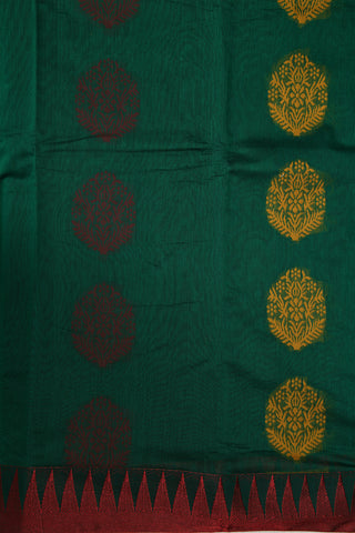 Thread Work Temple Border With Tree Motif Forest Green Semi Kora Silk Cotton Saree