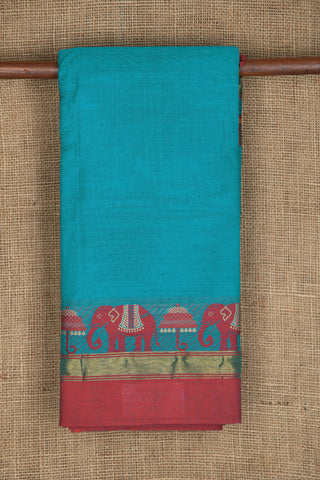 Thread Work Traditional Border In Plain Cerulean Blue Chettinadu Cotton Saree