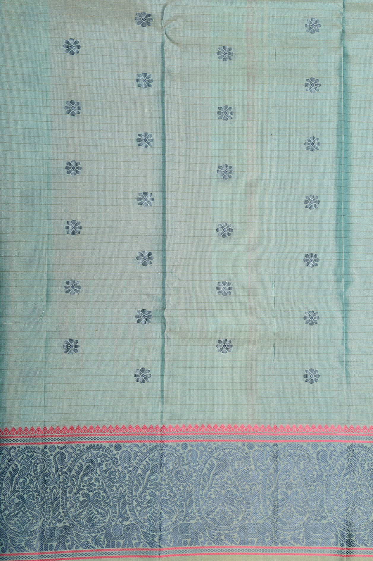 Thread Work Traditional Border In Stripes Turquoise Blue Kanchipuram Silk Saree