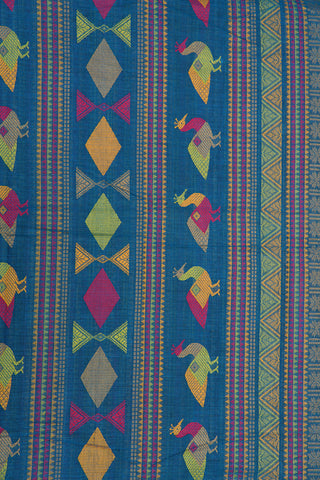 Thread Work Twill Weave Border In Plain Ocean Blue Coimbatore Cotton Saree