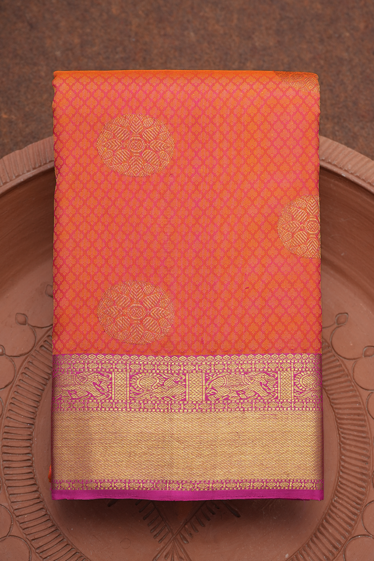 Threadwork And Floral Motif Coral Pink Kanchipuram Silk Saree