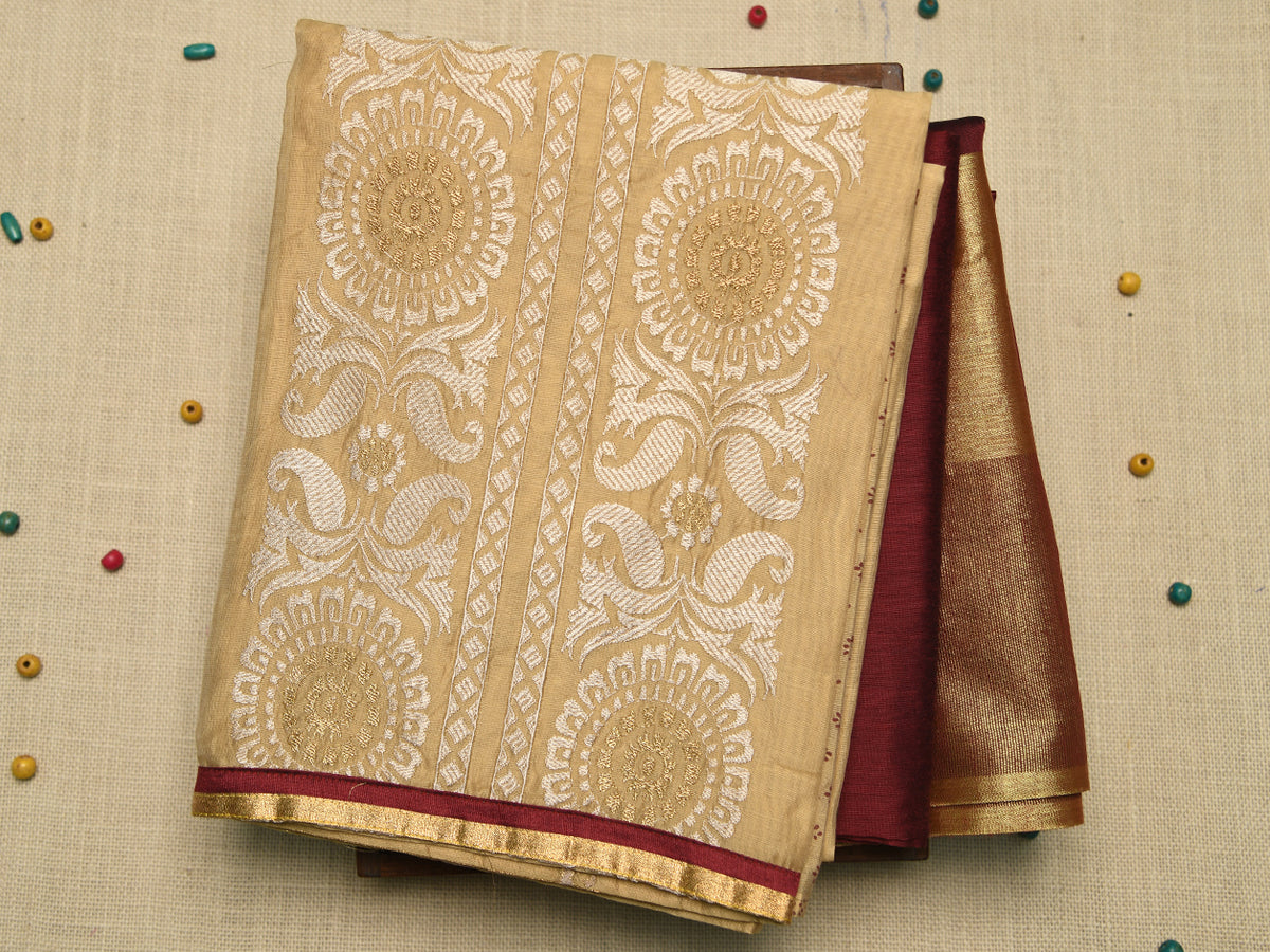 Thread And Zari Embroidered Cream Color Chanderi Cotton Unstitched Salwar Material