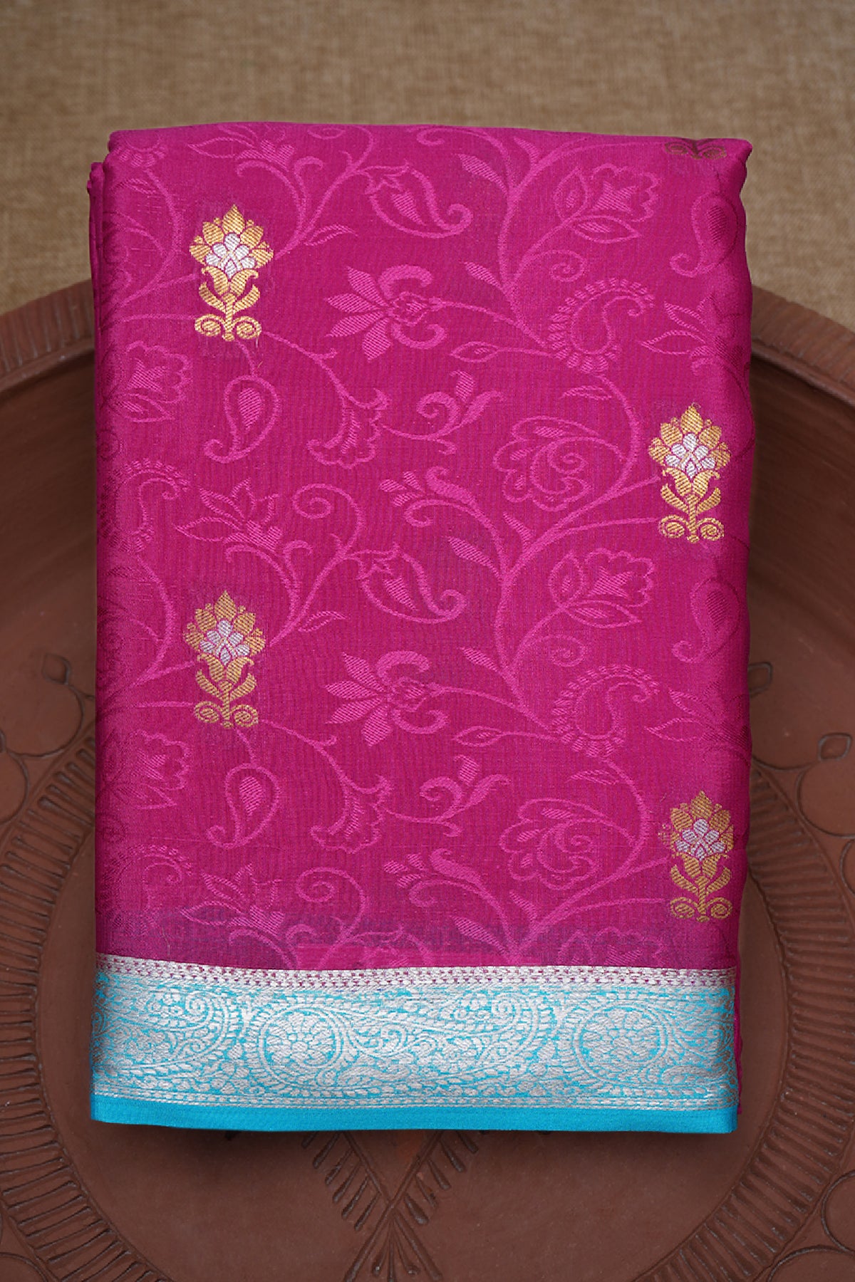 Threadwork And Zari Jaal Design Magenta Mysore Silk Saree