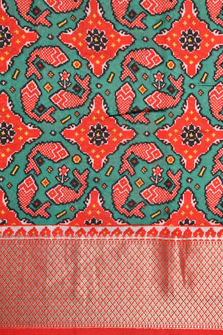 Thread Work Big Border With Fish Design Digital Printed Green Satin Tussar Silk Saree