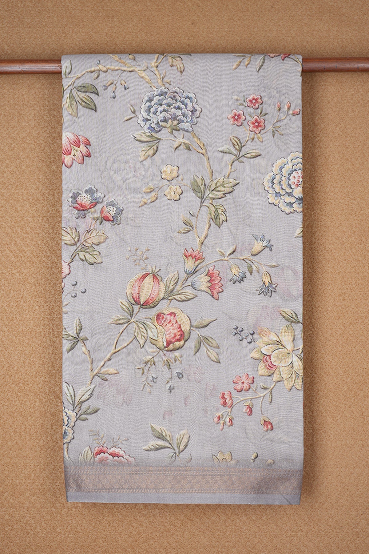 Threadwork Border With Floral Digital Printed Grey Chanderi Silk Cotton Saree