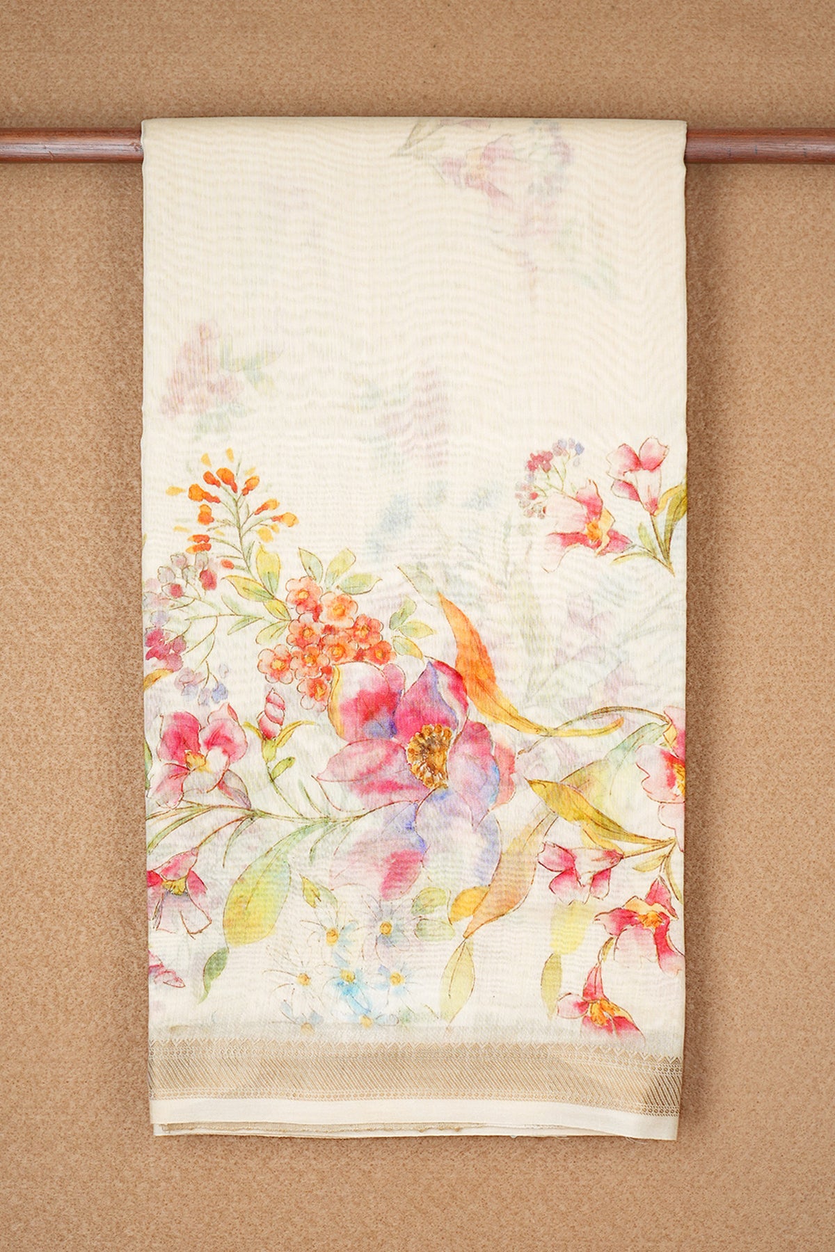 Threadwork Border With Floral Digital Printed Ivory Chanderi Silk Cotton Saree