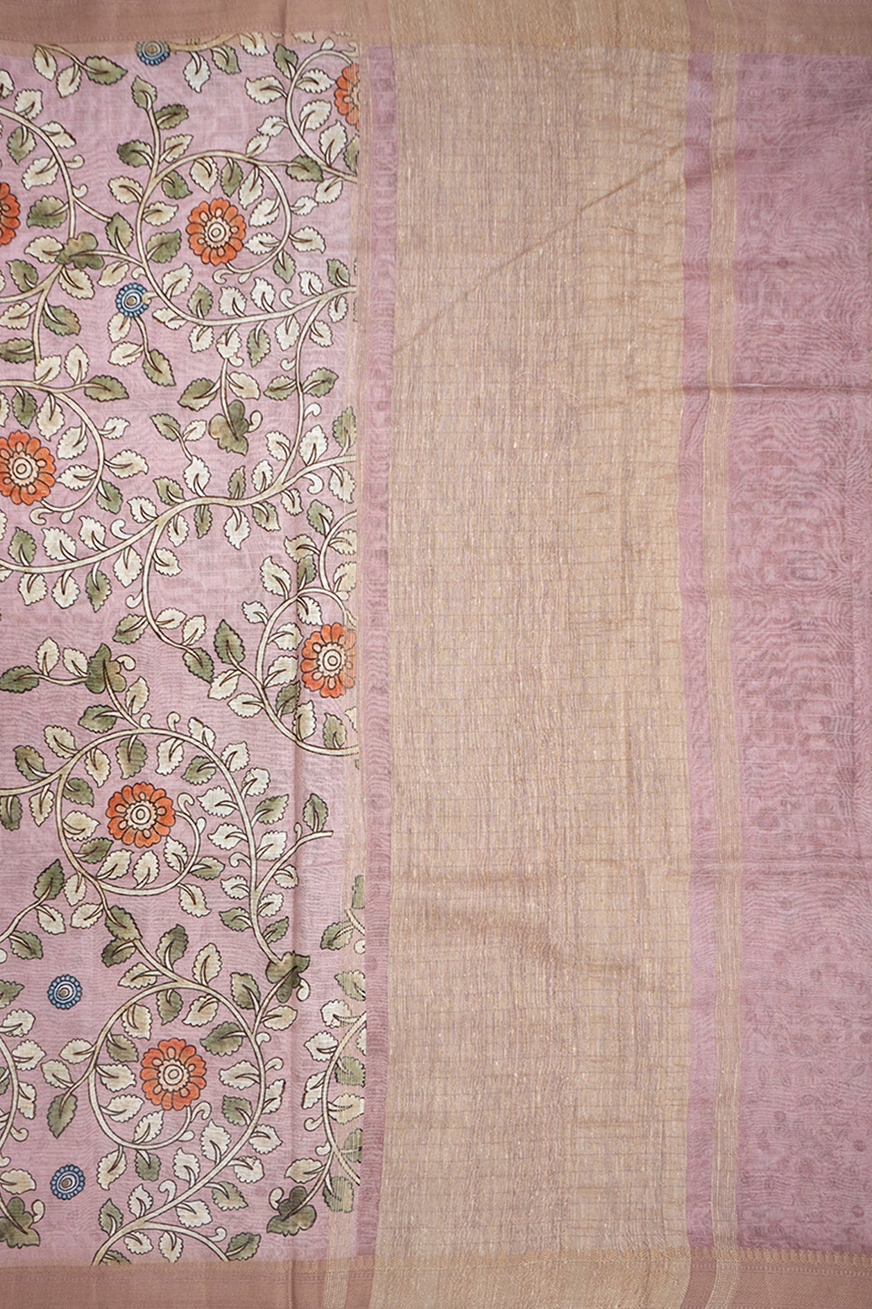 Threadwork Border With Floral Digital Printed Rose Beige Chanderi Silk Cotton Saree