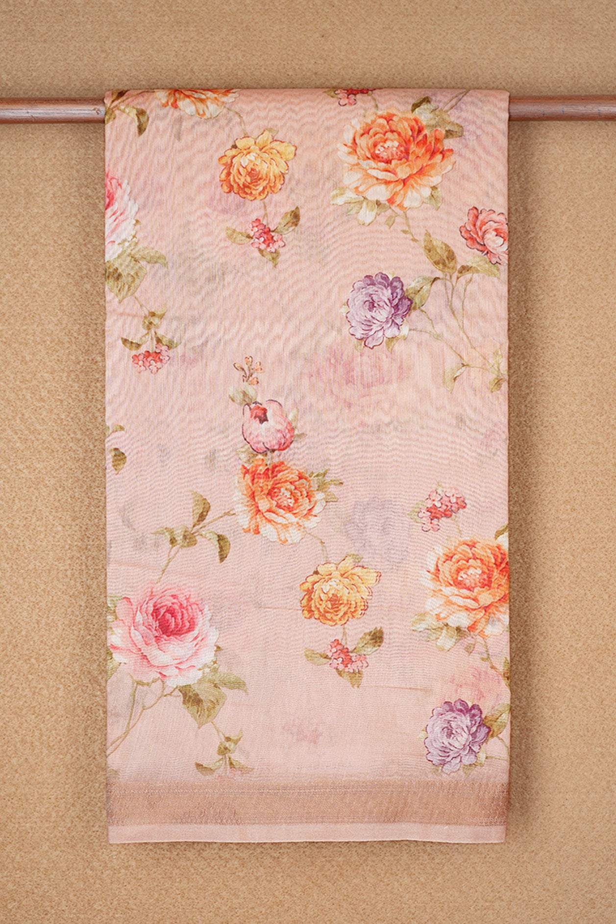 Floral Digital Printed Rose Gold Chanderi Silk Cotton Saree