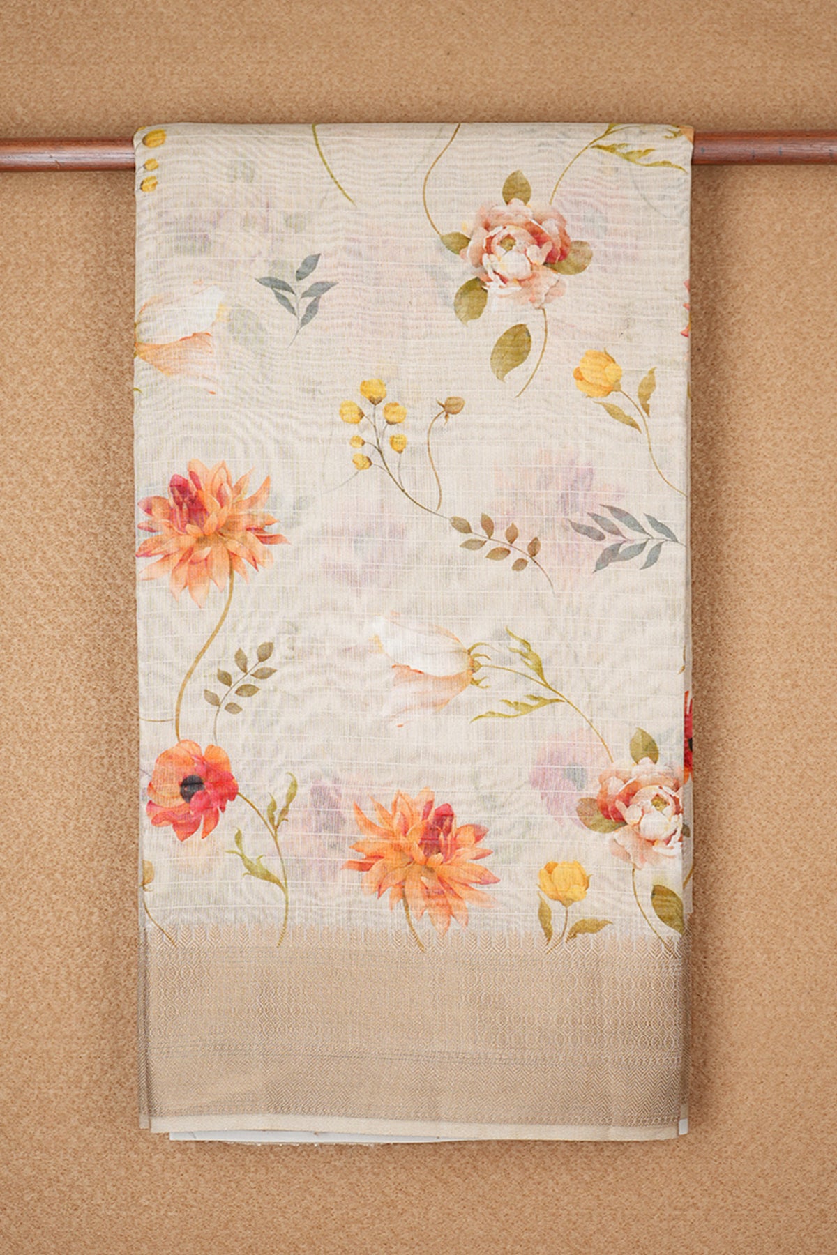 Threadwork Border With Floral Digital Printed Tan Chanderi Silk Cotton Saree
