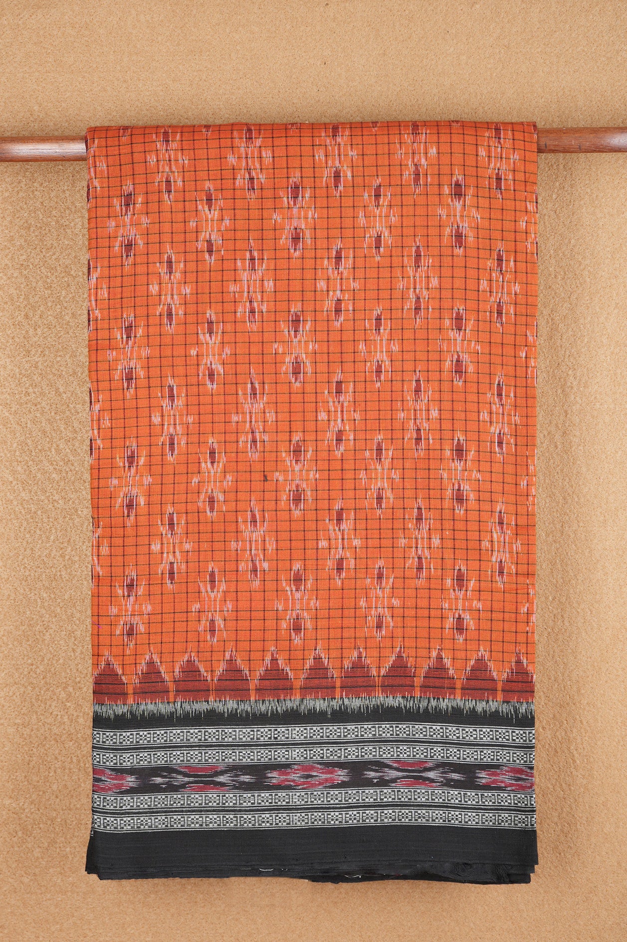 Threadwork Border With Ikat Design Ginger Orange Pochampally Cotton Saree