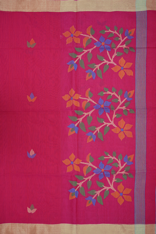 Threadwork Buttas Rose Red Bengal Cotton Saree