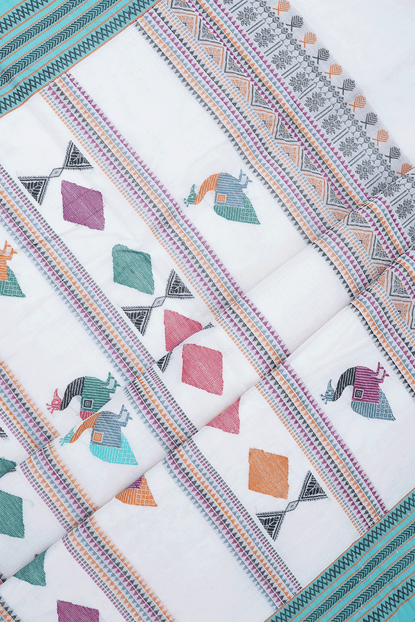 Threadwork Buttis Egg White Kanchi Cotton Saree