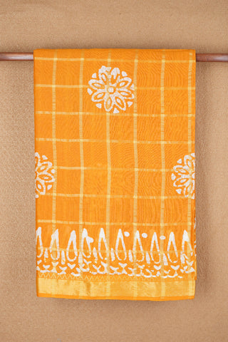 Threadwork Checks With Floral Design Honey Orange Ahmedabad Cotton Saree