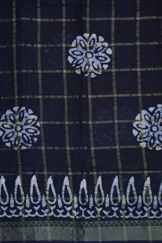 Threadwork Checks With Floral Design Navy Blue Ahmedabad Cotton Saree
