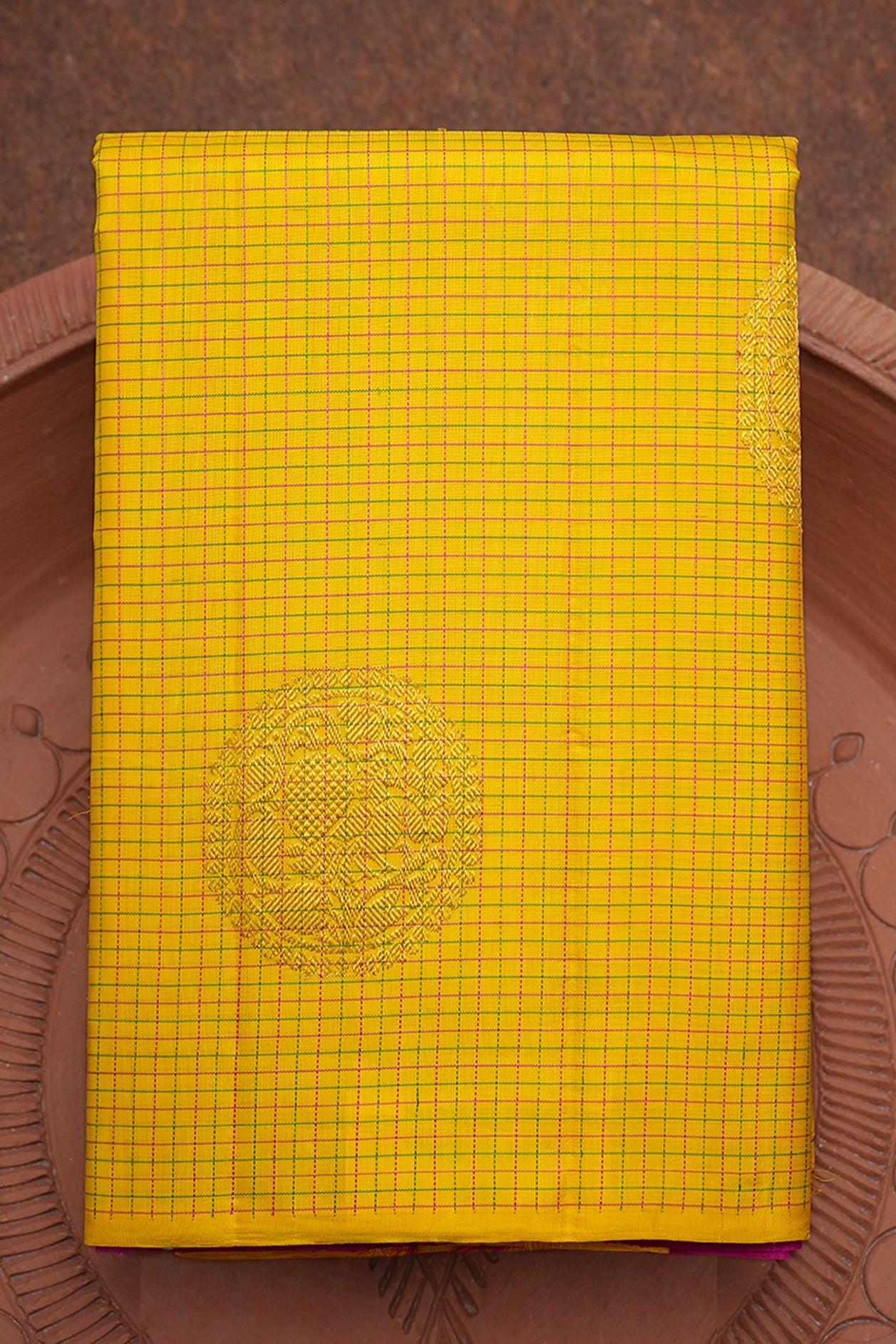Threadwork Checks With Zari Motifs Sunflower Yellow Kanchipuram Silk Saree