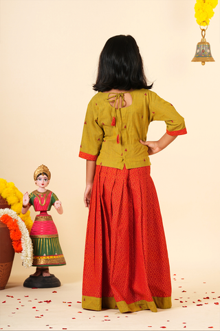 Threadwork Design Crimson Red Cotton Readymade Pavadai Sattai