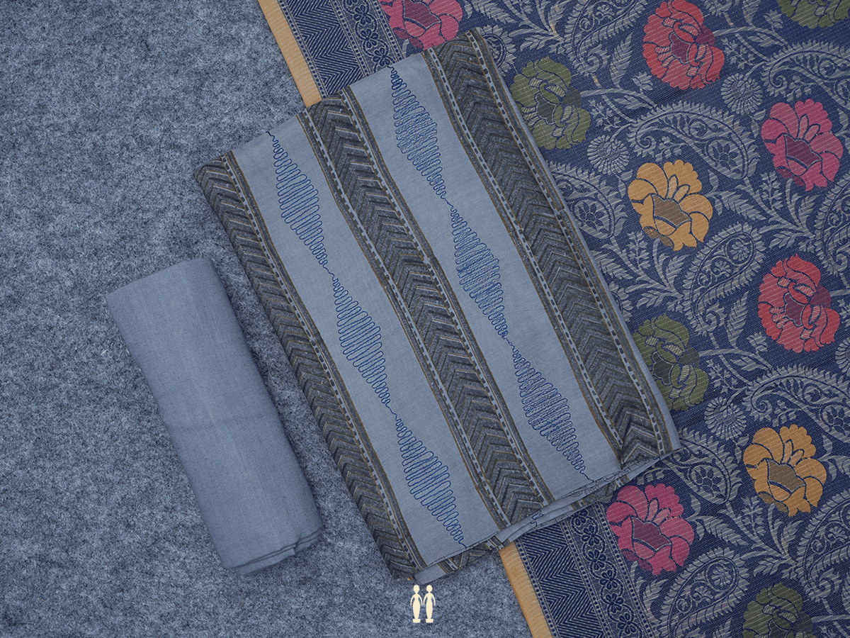 Threadwork Design Steel Blue Cotton Unstitched Salwar Material