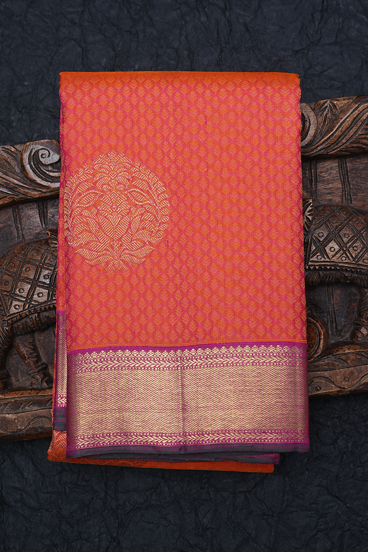 Threadwork With Zari Buttas Coral Pink Kanchipuram Silk Saree