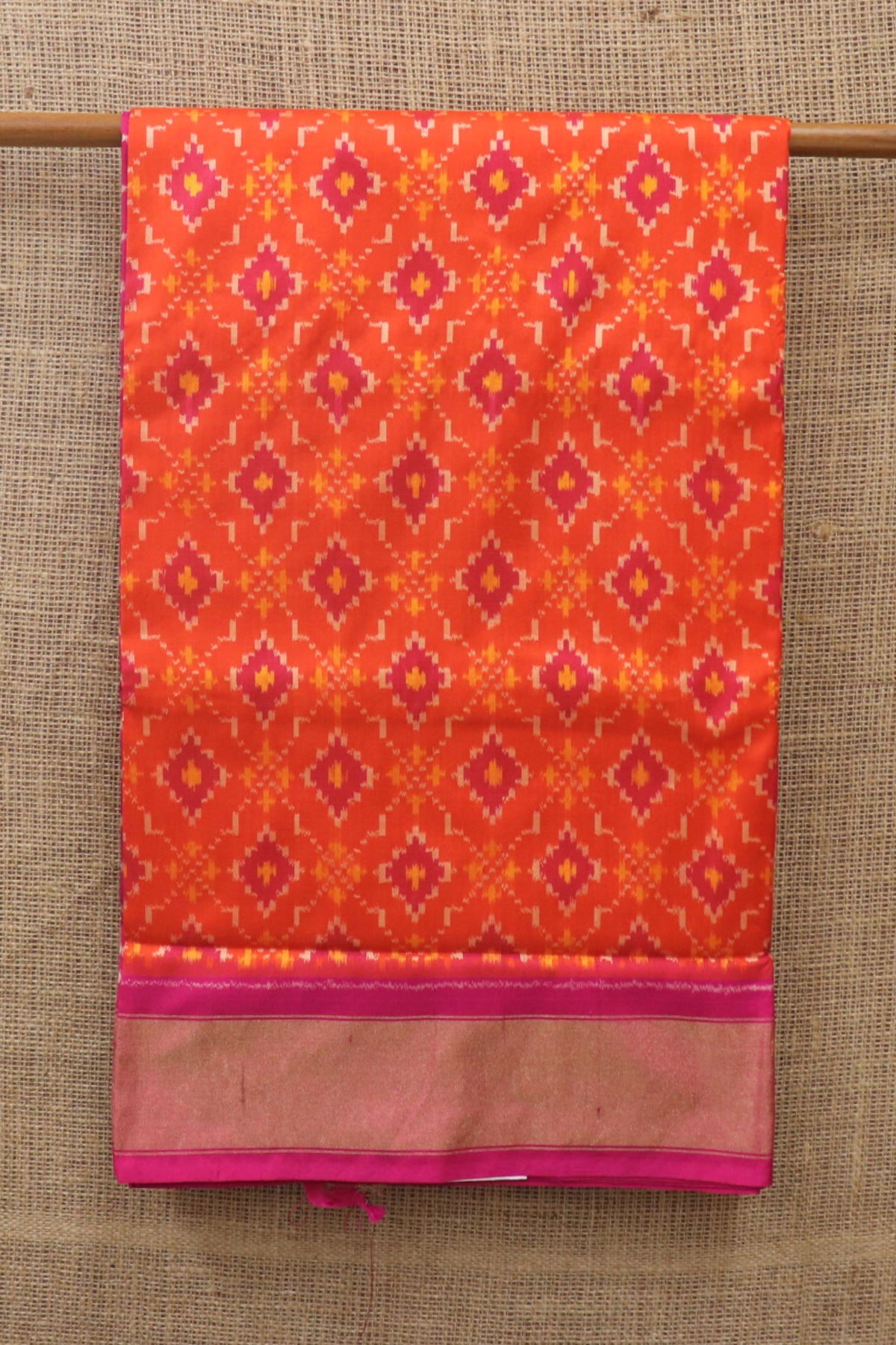 Tissue Border With Geometric Pattern Reddish Orange Pochampally Silk Saree