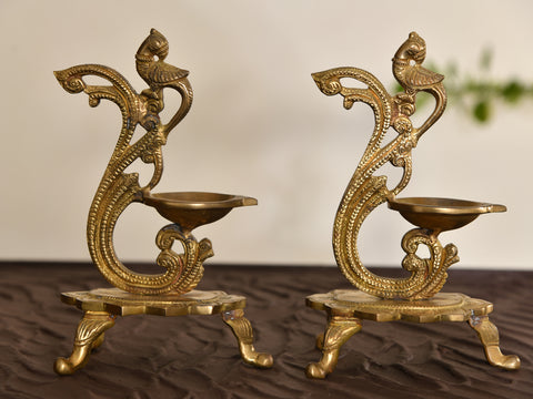 Traditional Brass Parrot Pooja Vilakku Set