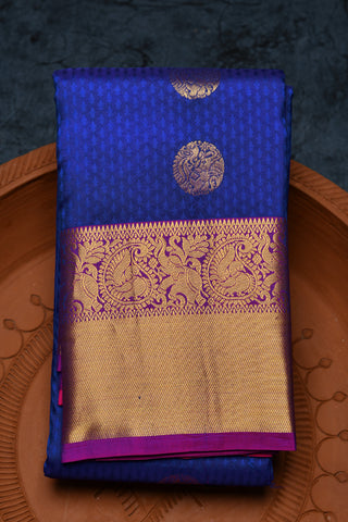 Traditional Animal Design Border With Elephant Motif Cobalt Blue Kanchipuram Silk Saree