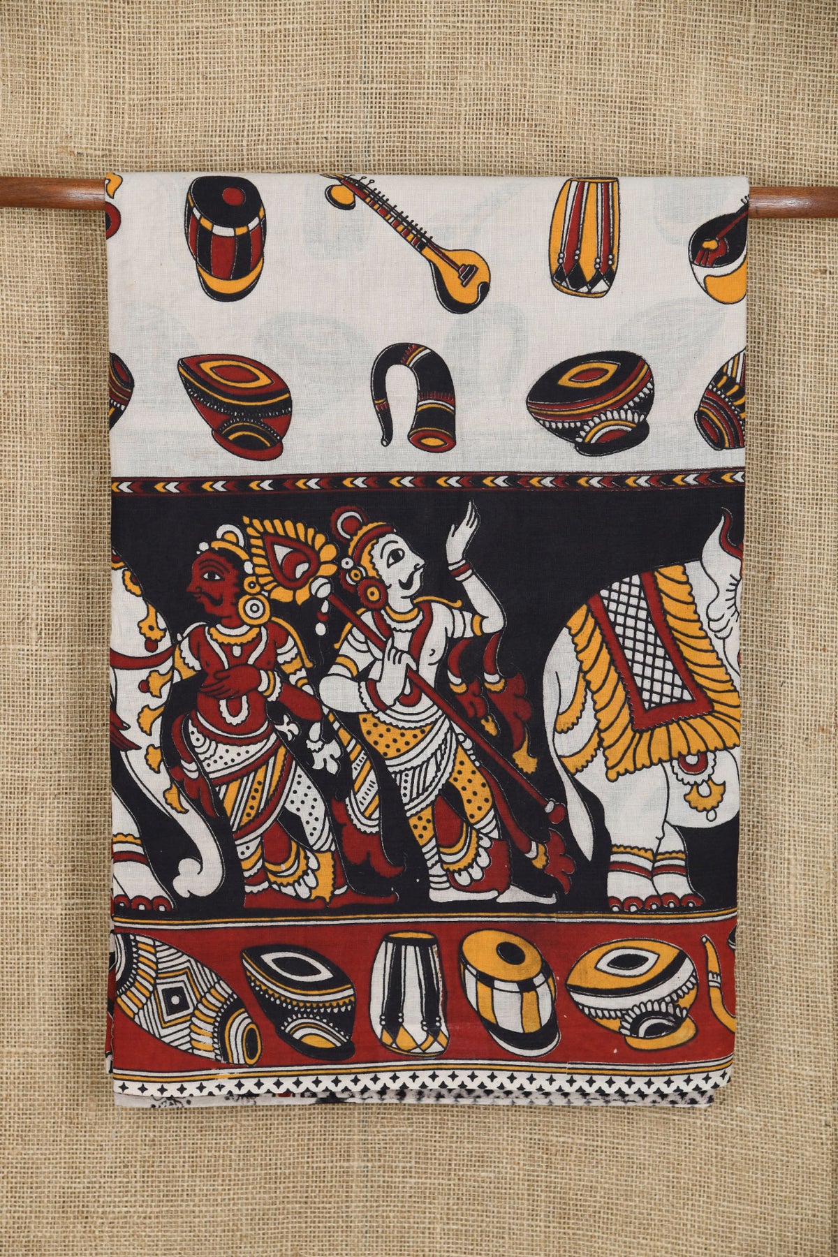 Traditional Big Border With Musical Instruments Design Off White Kalamkari Printed Cotton Saree
