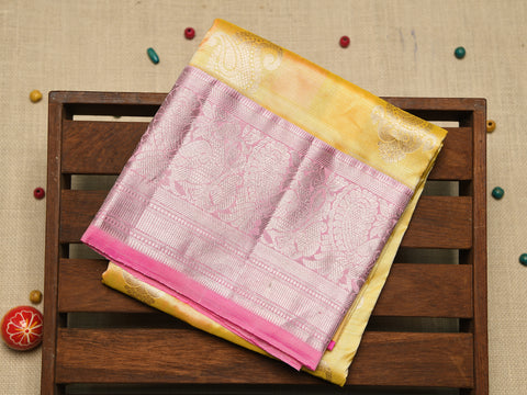 Traditional Big Border With Paisley Butta Soft Yellow Kanchipuram Silk Unstitched Pavadai Sattai Material