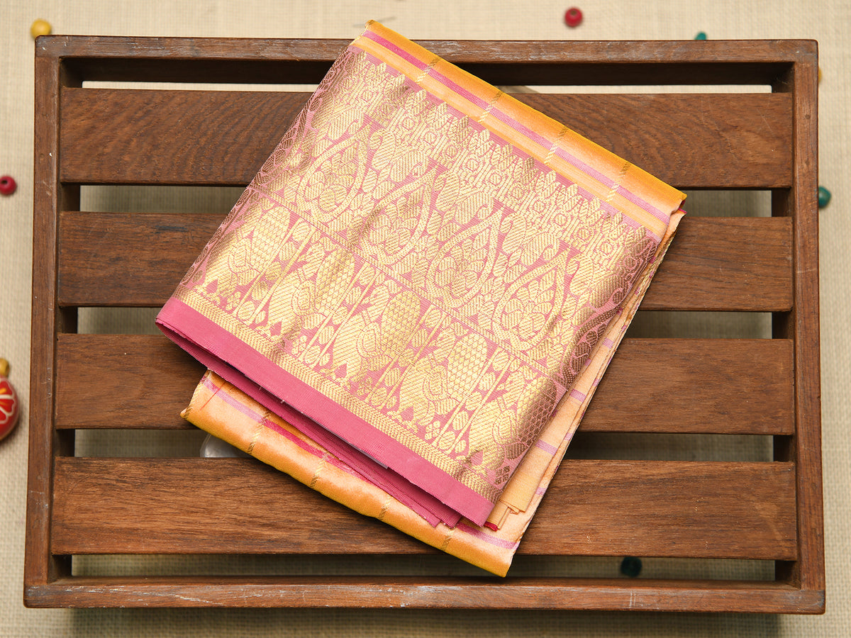 Traditional Big Border With Zari Checks Soft Orange Kanchipuram Silk Unstitched Pavadai Sattai Material