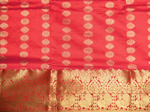 Traditional Big Border With Zari Checks Soft Orange Kanchipuram Silk Unstitched Pavadai Sattai Material