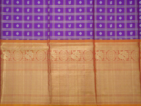 Traditional Big Zari Border With Checked Peacock And Floral Motifs Purple Silk Pavadai Sattai Material