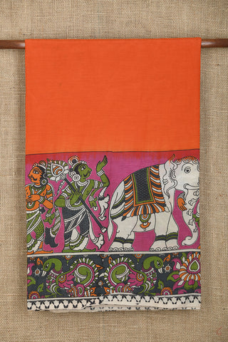 Traditional Border In Plain Bright Orange Kalamkari Printed Silk Saree