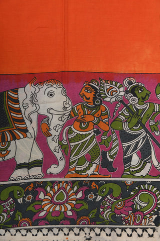 Traditional Border In Plain Bright Orange Kalamkari Printed Silk Saree