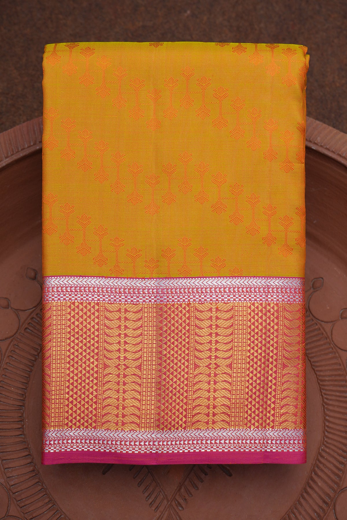 Threadwork Design Mustard Yellow Kanchipuram Silk Saree