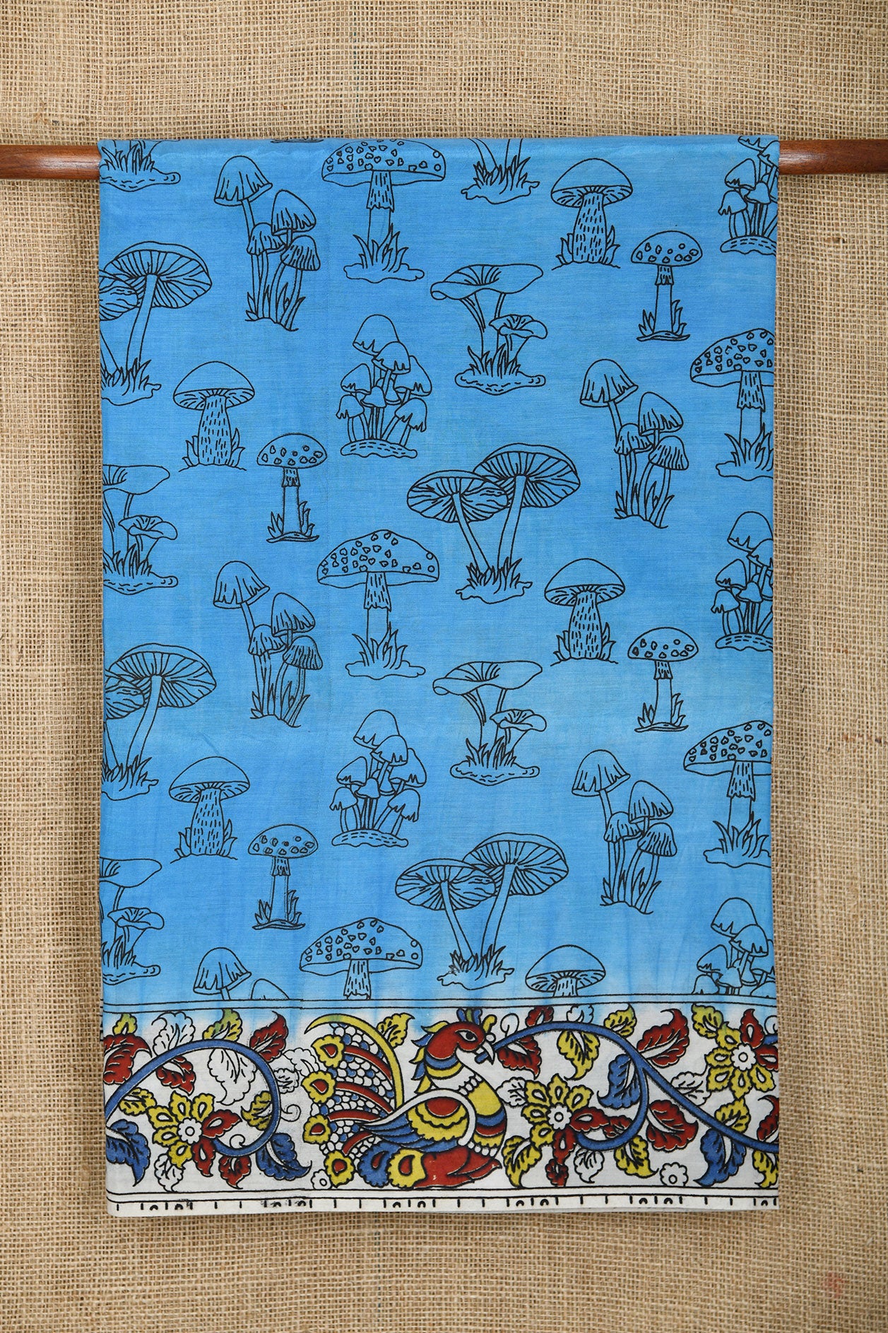 Traditional Border With Mushroom Design Teal Blue Kalamkari Printed Semi Silk Saree