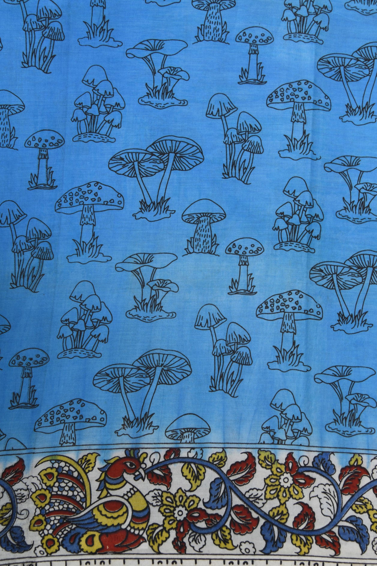 Traditional Border With Mushroom Design Teal Blue Kalamkari Printed Semi Silk Saree