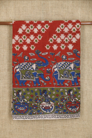 Traditional Border With Elephant Design Maroon Kalamkari Printed Cotton Saree