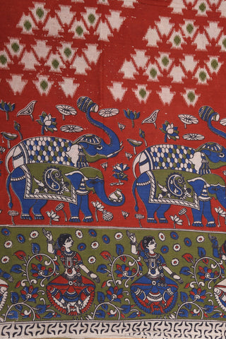 Traditional Border With Elephant Design Maroon Kalamkari Printed Cotton Saree
