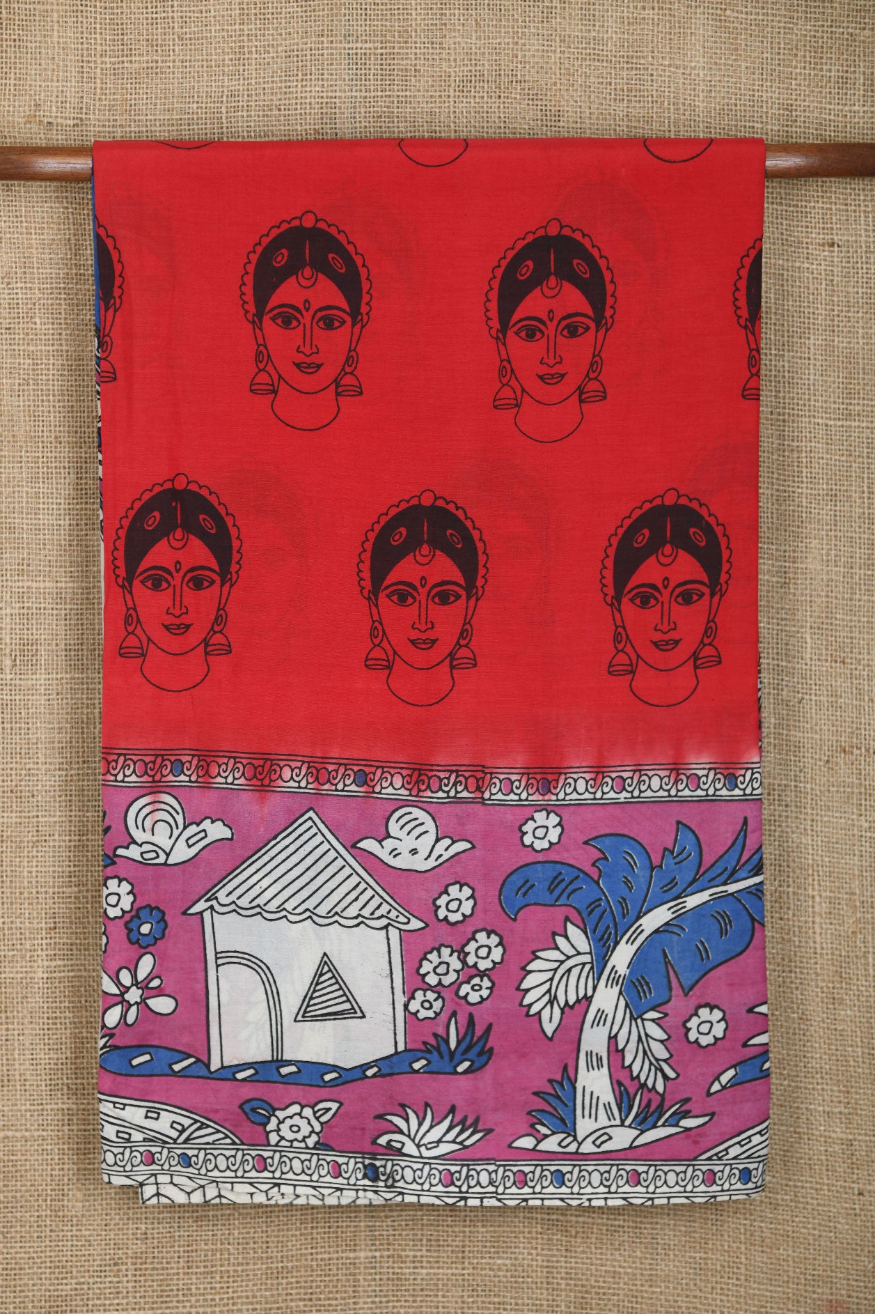 Traditional Border With Female Face Red Kalamkari Printed Semi Silk Saree