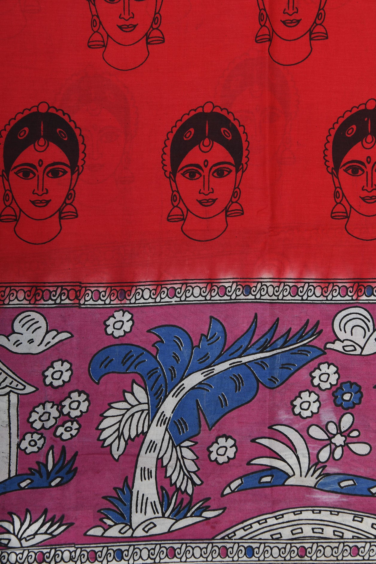 Traditional Border With Female Face Red Kalamkari Printed Semi Silk Saree